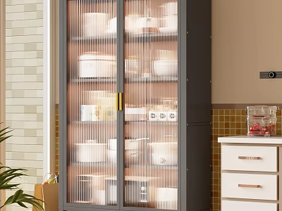 Modern Gray Storage Cabinet With Glass Doors And Organized Kitchen Containers 3d model