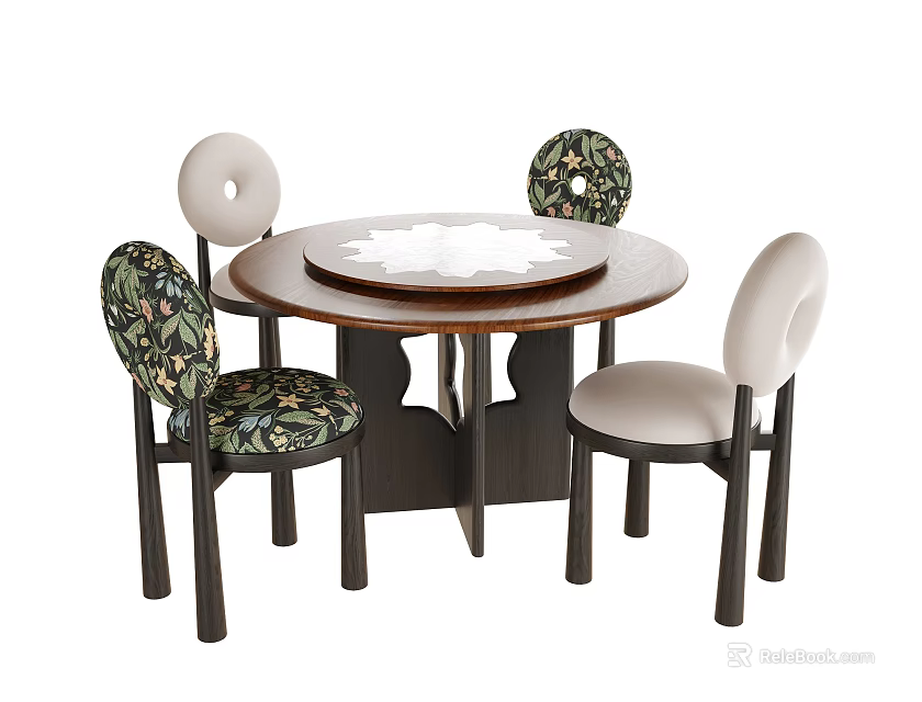 Modern Wooden Round Table and Four Chairs Set with Patterned and Plain Seats 3d model 