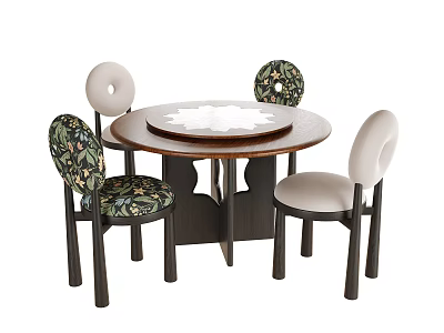 Modern Wooden Round Table and Four Chairs Set with Patterned and Plain Seats 3d model