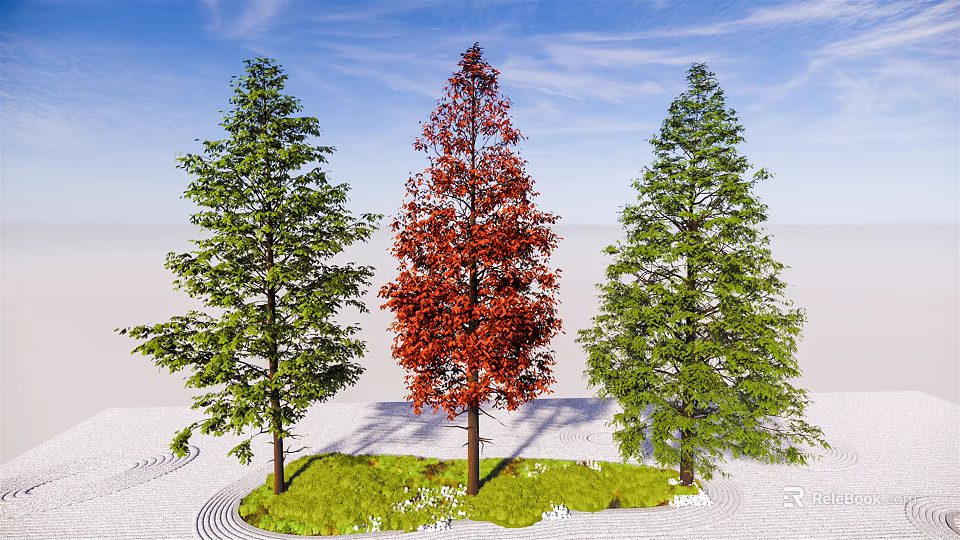 Three Trees with Red Center Foliage and Green Side Leaves Against Blue Sky 3d model 