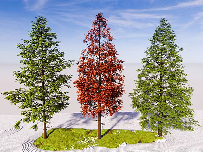 Three Trees with Red Center Foliage and Green Side Leaves Against Blue Sky 3d model