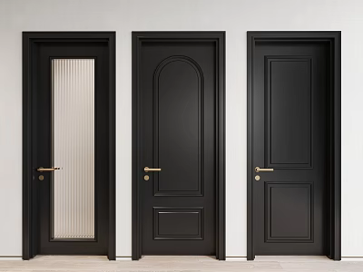 Black Hinged Doors With Different Designs Golden Handles And Glass Panel 3d model