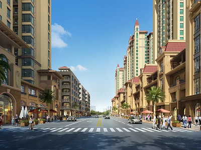 Vibrant Commercial Street with Tall Buildings Palm Trees and Pedestrians in Urban Shopping Area 3d model
