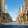 Vibrant Commercial Street with Tall Buildings Palm Trees and Pedestrians in Urban Shopping Area