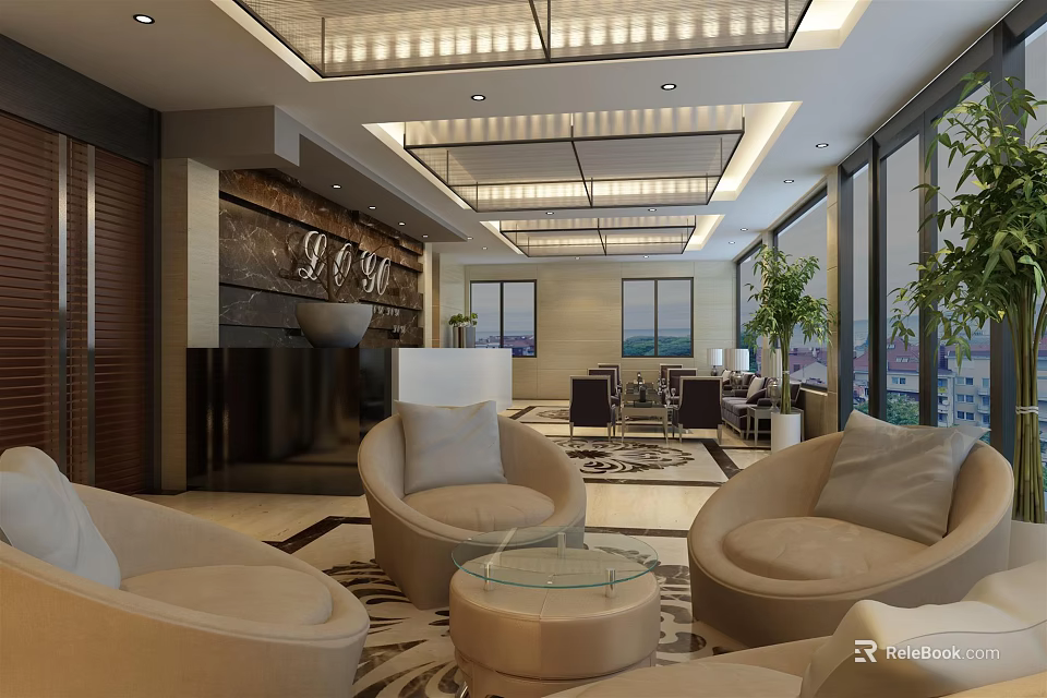 Luxurious Modern Hotel Lobby Interior With Comfortable Sofas Coffee Tables And Decorative Wall 3d model 