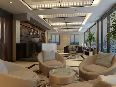 Luxurious Modern Hotel Lobby Interior With Comfortable Sofas Coffee Tables And Decorative Wall 3d model