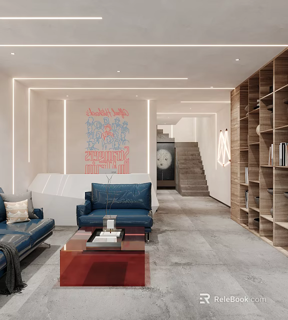 Modern Living Room Interior With Blue Sofa Coffee Table Bookshelves Staircase And Wall Art 3d model 