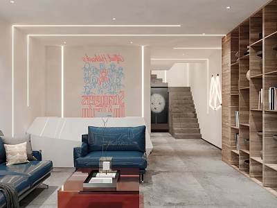 Modern Living Room Interior With Blue Sofa Coffee Table Bookshelves Staircase And Wall Art 3d model