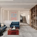 Modern Living Room Interior With Blue Sofa Coffee Table Bookshelves Staircase And Wall Art