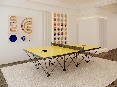 Modern Ping Pong Table With Yellow Surface And Wall Mounted Sports Equipment Storage 3d model