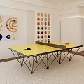 Modern Ping Pong Table With Yellow Surface And Wall Mounted Sports Equipment Storage