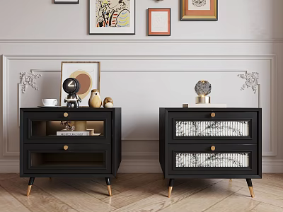 Black Wooden Legs Bedside Tables With Drawers And Decorative Items In Bedroom 3d model