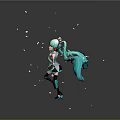 Game Anime Character With Teal Long Twin Tails Short Skirt Jumping Pose And Floating Petals