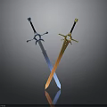 Crossed Swords Featuring Blue Gold Hilts And Orange Blue Blades With Reflection