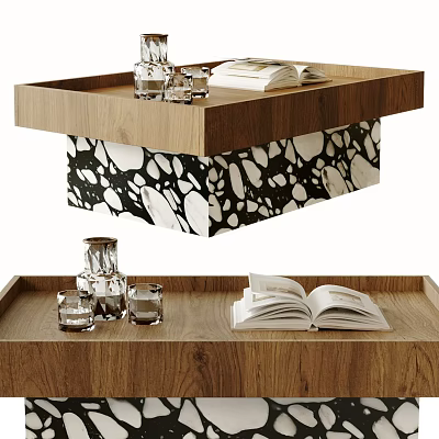Stylish Coffee Table With Wooden Top Black White Pattern Base Open Books And Glass Cups 3d model