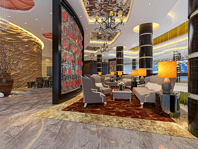 Modern Luxury Hotel Restaurant Interior With Chandeliers Sofas Decorative Wall And Columns 3d model