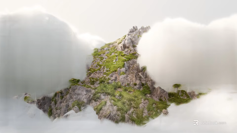 Serene Garden Landscape With Clouds Around Rocky Hills Covered In Green Vegetation 3d model 