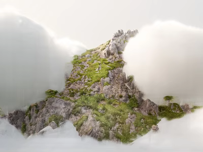Serene Garden Landscape With Clouds Around Rocky Hills Covered In Green Vegetation 3d model