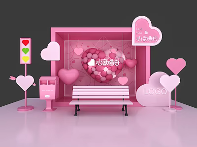 Pink Heart Shaped Photo Spot With Bench Mailbox And Traffic Light 3d model