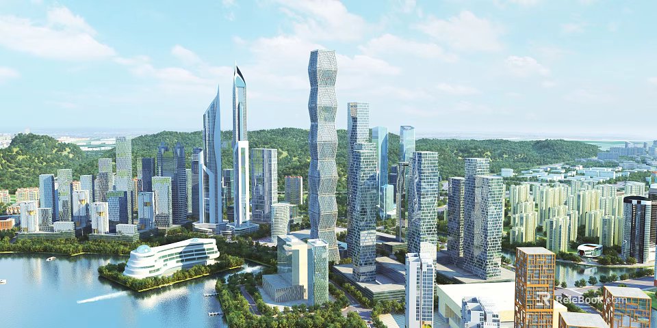 Aerial View Urban Planning With Modern High Rise Buildings River Green Spaces And Surrounding Mountains 3d model 