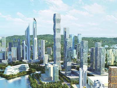 Aerial View Urban Planning With Modern High Rise Buildings River Green Spaces And Surrounding Mountains 3d model