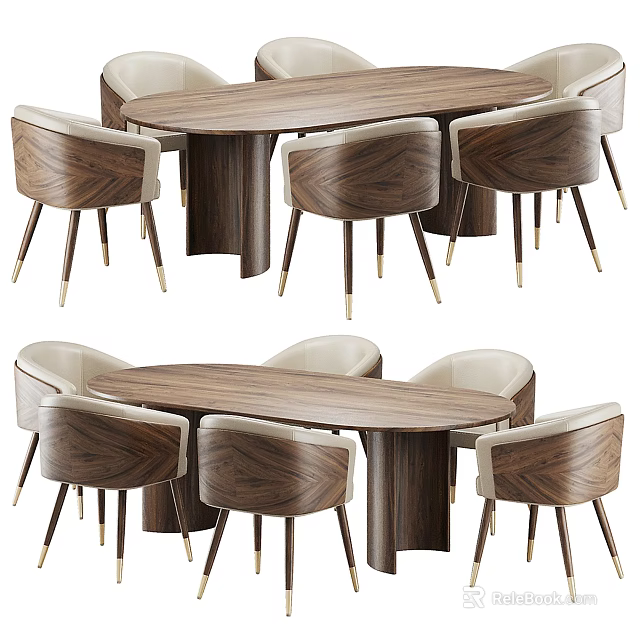 Modern Wooden Dining Table Set With Oval Top And Six Chairs Featuring Sleek Metal Legs 3d model 