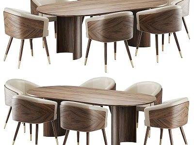 Modern Wooden Dining Table Set With Oval Top And Six Chairs Featuring Sleek Metal Legs 3d model