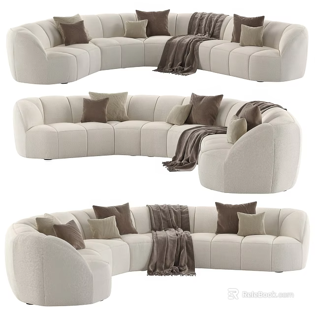 Modern Beige Curved Sectional Sofa With Cozy Throw Pillows And Blanket 3d model 