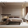 Modern Bedroom Interior With Neutral Tones Bed Headboard Bench Table Lamp And Artwork 3d model