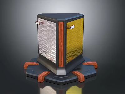 Modern Industrial Equipment With Metal Mesh Wooden Accents Yellow Panel And Base Supports 3d model