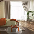 Bedroom Interior With White Dressing Table Round Mirror Golden Legs Green Plant And White Curtains