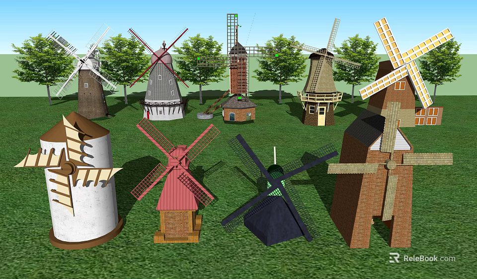 Windmill Building Components In Various Styles And Colors With Green Grass And Trees 3d model 