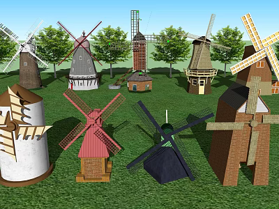 Windmill Building Components In Various Styles And Colors With Green Grass And Trees 3d model