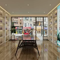 Modern Specialty Store Interior Featuring Shelves With Display Items Central Long Table And Wooden Floor