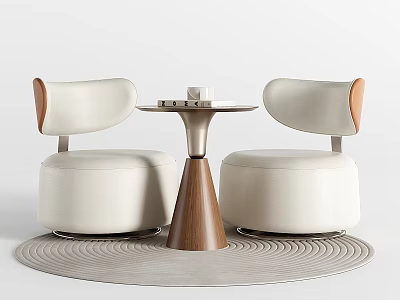 Modern Table And Chair Set With White Seats Wooden Armrests Conical Base And Round Rug 3d model