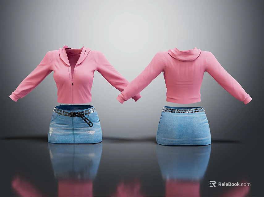 Pink Hoodie With Zipper Front And Blue Distressed Denim Skirt Fashion Look 3d model 