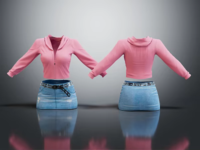 Pink Hoodie With Zipper Front And Blue Distressed Denim Skirt Fashion Look 3d model