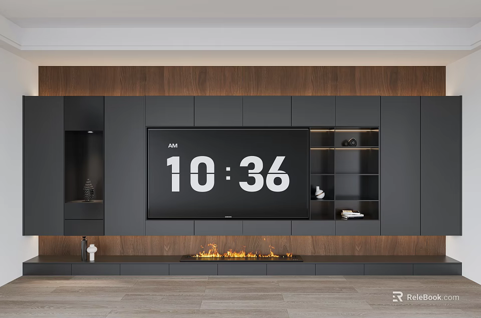 Modern TV Wall Unit With Wooden Panels Storage And Fireplace 3d model 