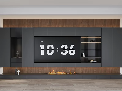 Modern TV Wall Unit With Wooden Panels Storage And Fireplace 3d model