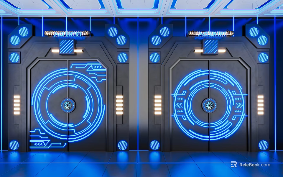 Futuristic Double Doors With Blue Illuminated Circular Patterns And Tech Inspired Metallic Design 3d model 