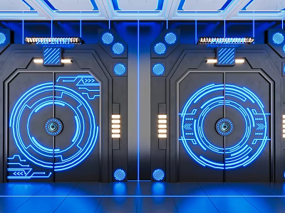 Futuristic Double Doors With Blue Illuminated Circular Patterns And Tech Inspired Metallic Design 3d model