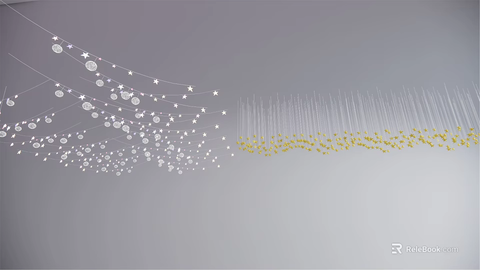 Hanging Decorative Lights With White Stars Round Shapes And Yellow Accents On Silver Background 3d model 