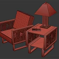 Single Sofa with Carved Frame Light Cushion and Side Table with Stained Glass Table Lamp