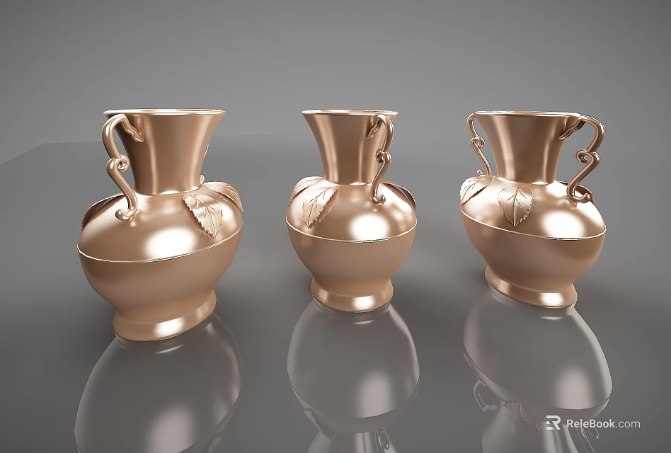 Three Copper Vases With Handles And Leaf Decorations On Shiny Surface With Reflections 3d model 
