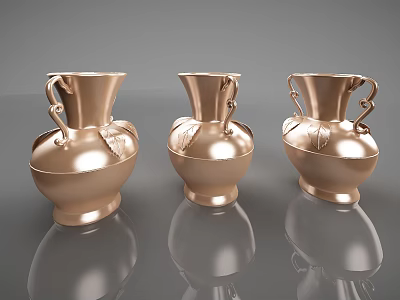 Three Copper Vases With Handles And Leaf Decorations On Shiny Surface With Reflections 3d model