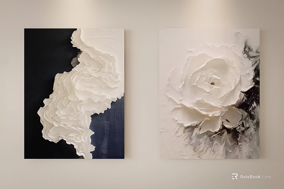 Textured Abstract Paintings With White Floral Design On Dark And Light Backgrounds 3d model 