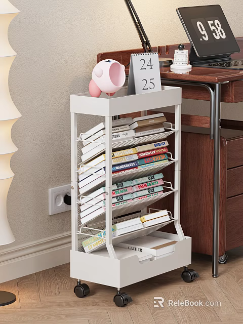 White Multi Tiered Book Shelf With Neatly Arranged Books And Magazines In Study Corner 3d model 
