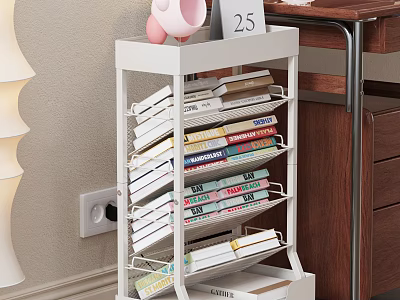 White Multi Tiered Book Shelf With Neatly Arranged Books And Magazines In Study Corner 3d model