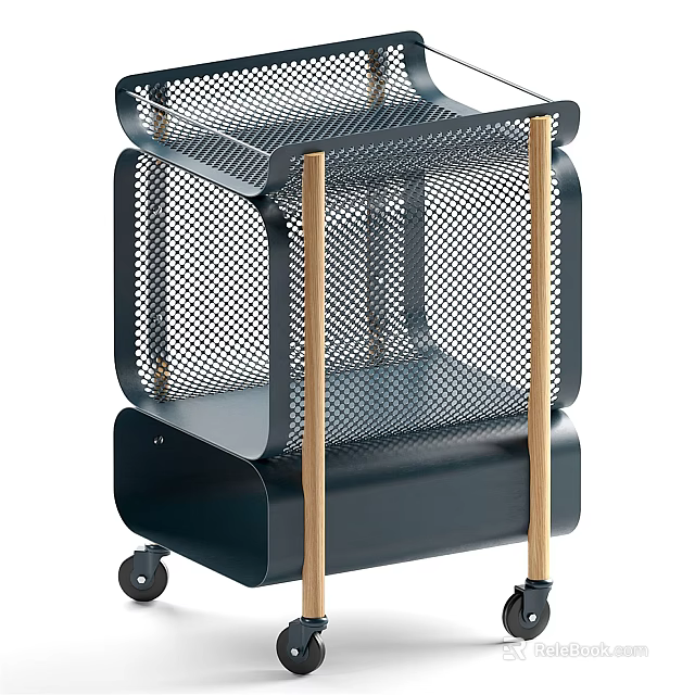 Commercial Equipment Cart With Metal Mesh Shelves And Wooden Posts On Wheels 3d model 