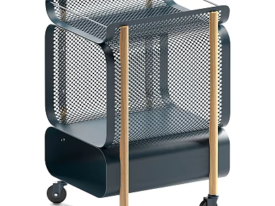 Commercial Equipment Cart With Metal Mesh Shelves And Wooden Posts On Wheels 3d model